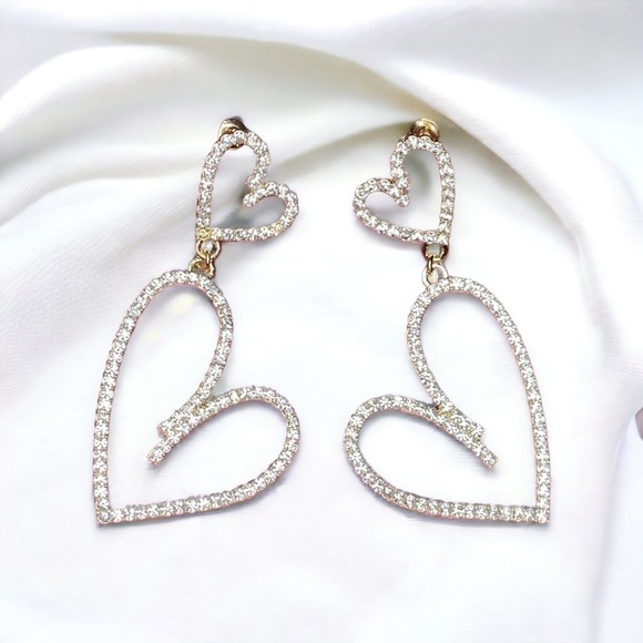 Gold Rhinestone Double Love Heart Drop Dangle Earrings Nwt - Picture 1 of 8